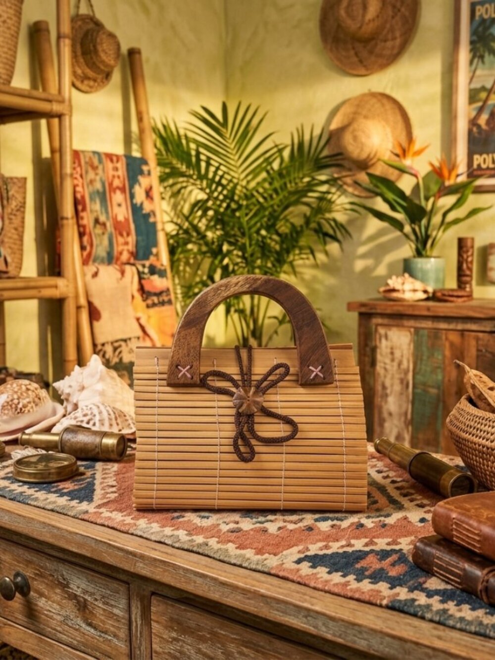 Vintage Boho Bamboo Slat Handbag Solid Double Wood Handles Cord Closure